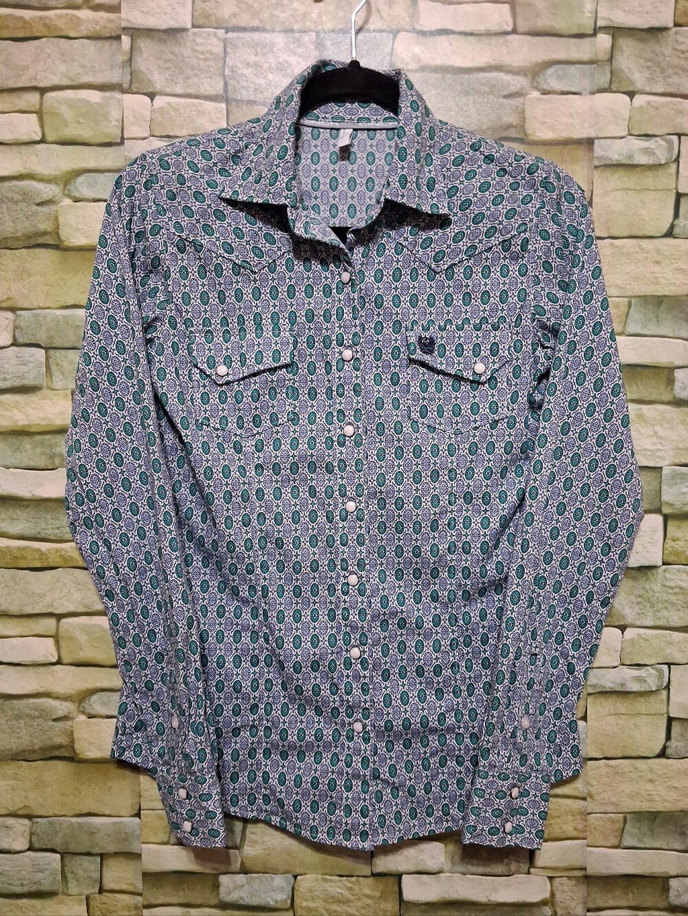 CINCH Women's Blue & Green Circle Geo Print Long Sleeve Snap Western Shirt XS